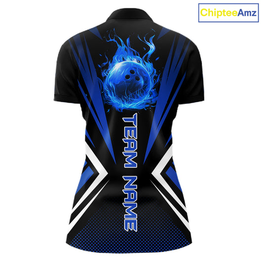 Black and Blue Flame Bowling Shirts For Women, Team Bowling Shirts Custom bowling attire for ladies NQS11634