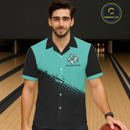 Black and Turquoise Retro Button-up Bowling Shirts, Vintage Team Bowling Shirts Custom NQS11635