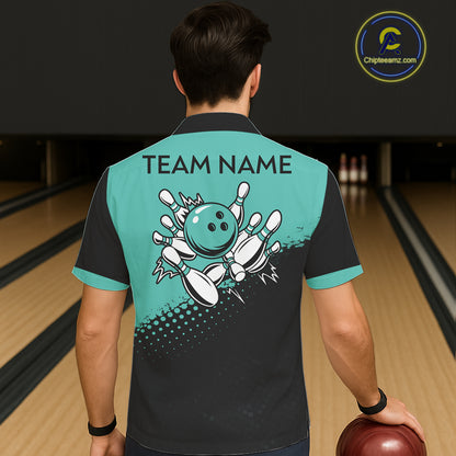 Black and Turquoise Retro Button-up Bowling Shirts, Vintage Team Bowling Shirts Custom NQS11635