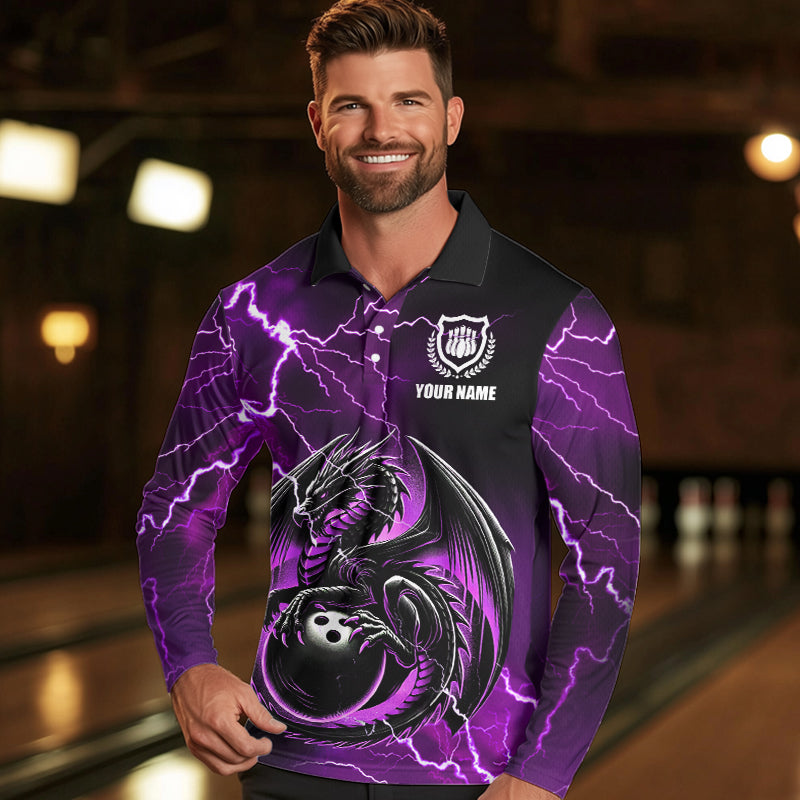 Personalized Black And Purple Thunder Lightning Dragon Bowling Shirts For Men, Bowling Team Uniform NQS9666