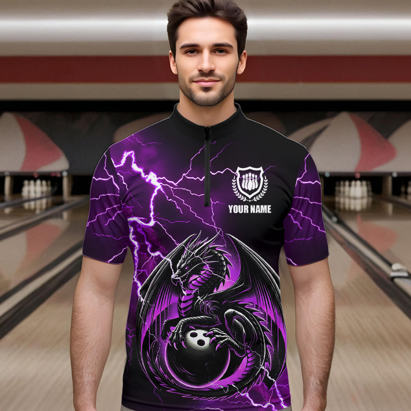 Personalized Black And Purple Thunder Lightning Dragon Bowling Shirts For Men, Bowling Team Uniform NQS9666