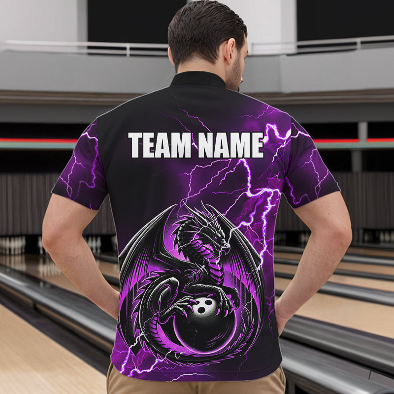 Personalized Black And Purple Thunder Lightning Dragon Bowling Shirts For Men, Bowling Team Uniform NQS9666