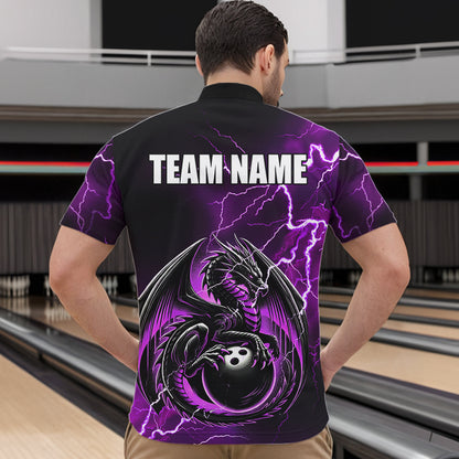 Personalized Black And Purple Thunder Lightning Dragon Bowling Shirts For Men, Bowling Team Uniform NQS9666
