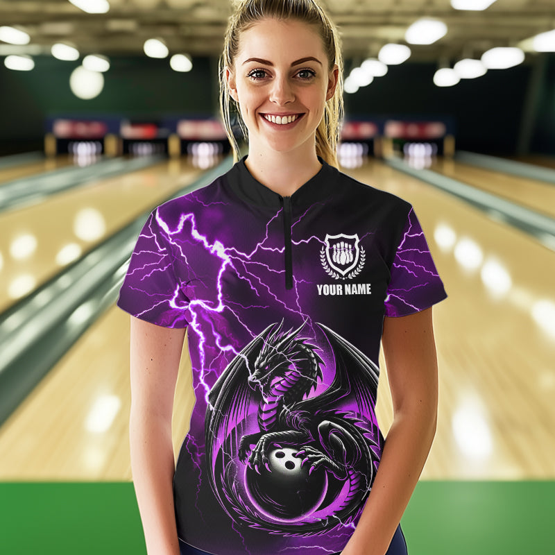 Personalized Black And Purple Thunder Lightning Dragon Bowling Shirts For Women, Bowling Team Uniform NQS9666