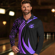 Load image into Gallery viewer, Black Mens bowling shirts Custom Purple neon team league bowling jerseys, gifts for bowlers NQS9667