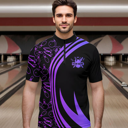 Black Mens bowling shirts Custom Purple neon team league bowling jerseys, gifts for bowlers NQS9667