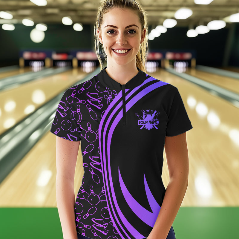 Black Women bowling shirts Custom Purple neon team league bowling jerseys, gifts for bowlers NQS9667