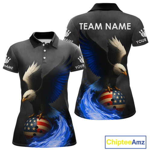 Black and White Eagle Blue Flame American Flag Bowling Shirt For Women Custom Team Bowling Jersey NQS10857