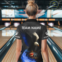 Load image into Gallery viewer, Black and White Eagle Blue Flame American Flag Bowling Shirt For Women Custom Team Bowling Jersey NQS10857