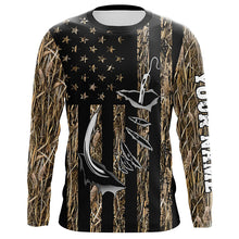 Load image into Gallery viewer, Personalized American Flag Camo Fishing Jerseys, Fish hook camo patriotic Long Sleeve Fishing Shirts NQS8920