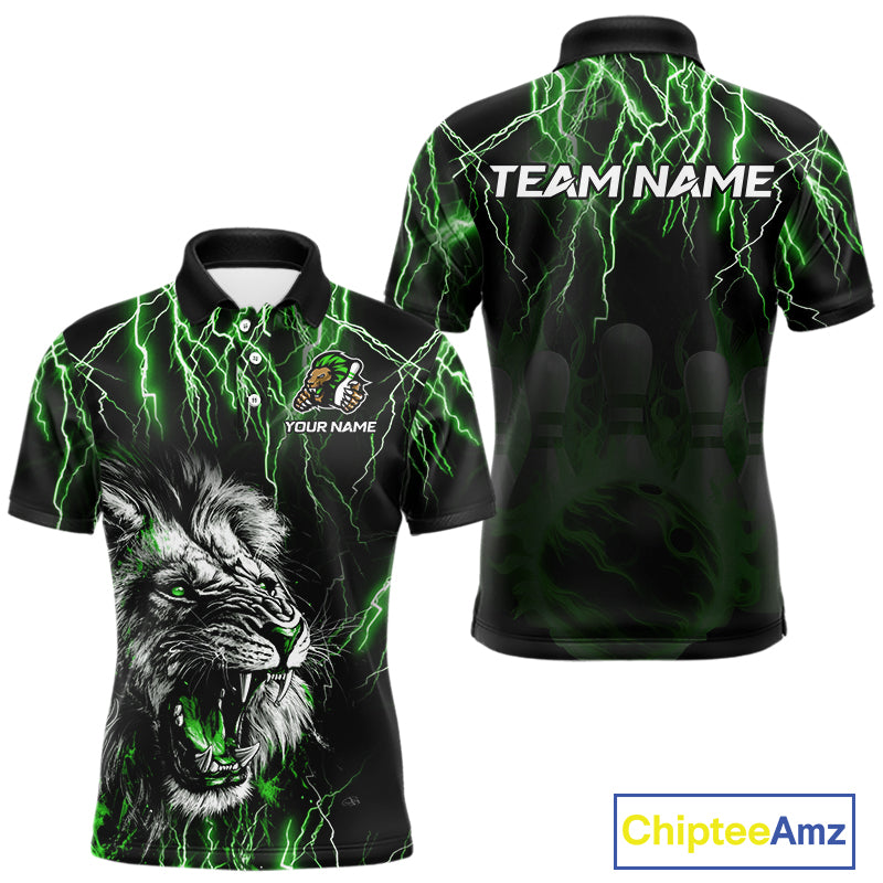 Black and Green Lightning Thunder Lion Bowling Shirt For Men Custom Lion Bowling Team Jerseys NQS11044