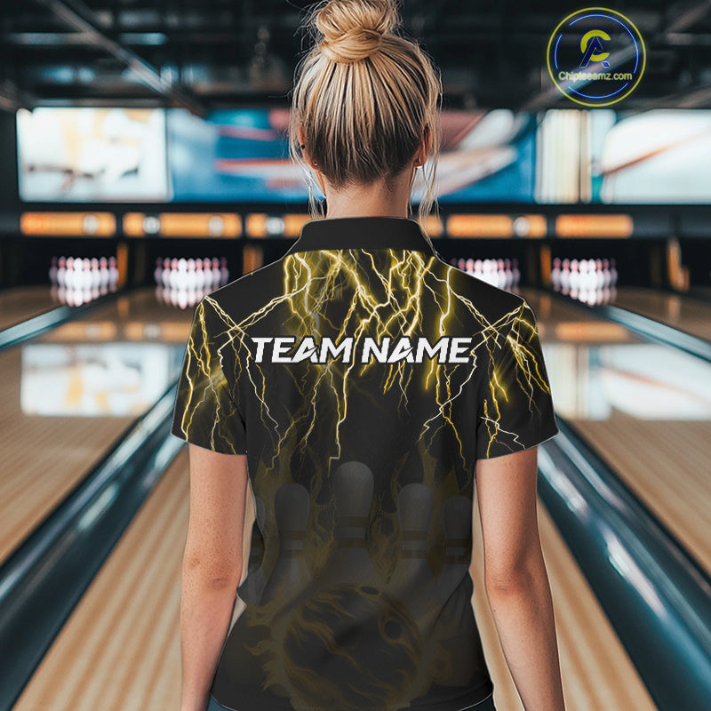 Black and Yellow Lightning Thunder Lion Bowling Shirt For Women Custom Lion Bowling Team Jerseys NQS11045