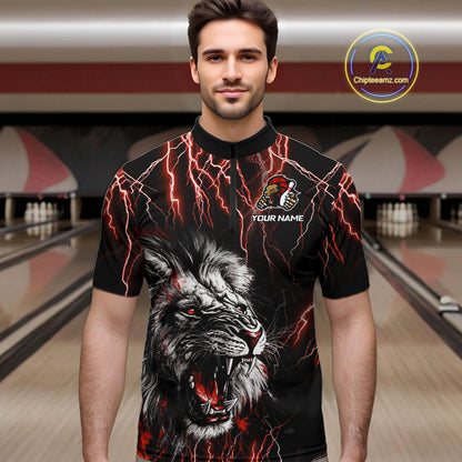 Black and Red Lightning Thunder Lion Bowling Shirt For Men Custom Lion Bowling Team Jerseys NQS11046