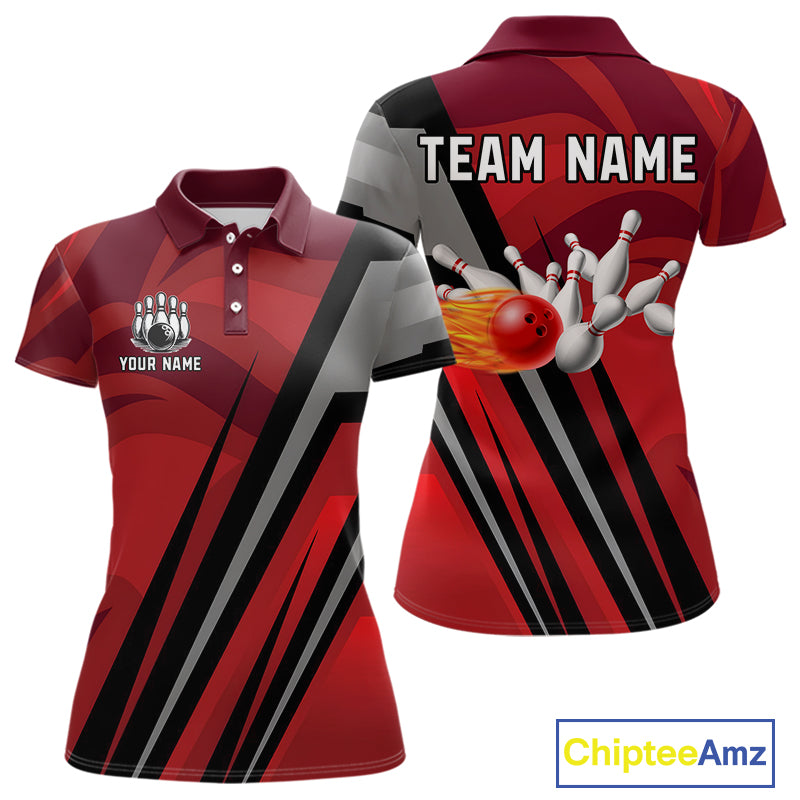 Red Camo Flame Women Bowling Polo, Quarter Zip Shirts Custom Team Jerseys bowling outfits for ladies NQS11048