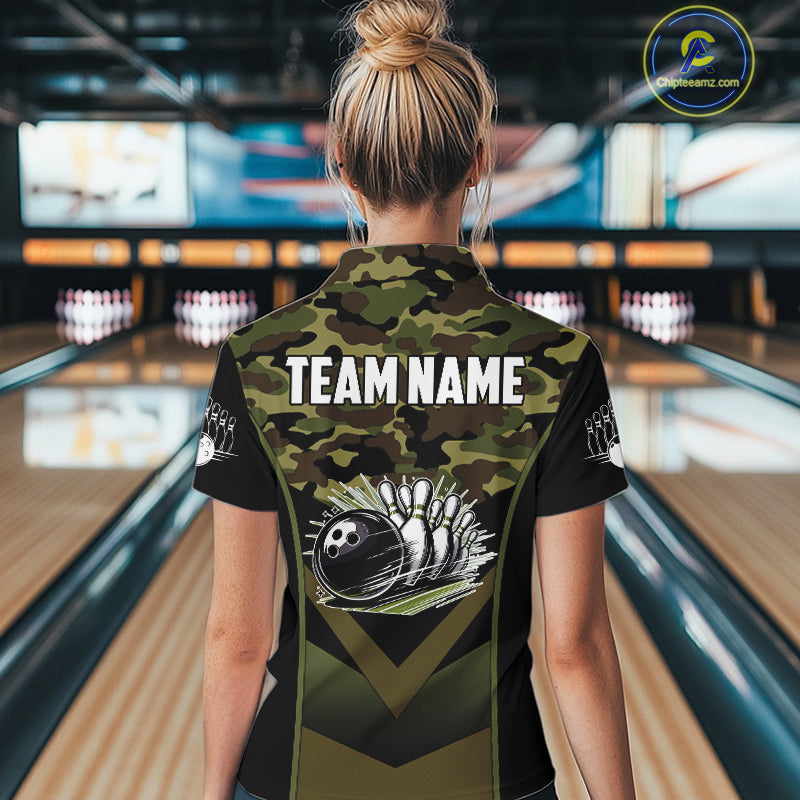 Black green camo Womens polo, quarter Zip bowling shirts Custom bowling team league jerseys NQS11050