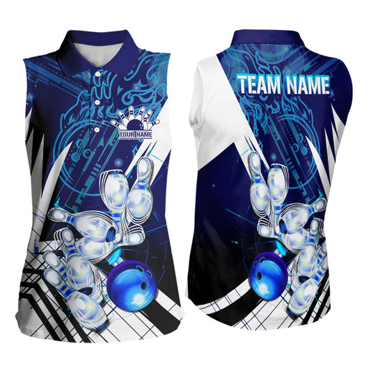 Blue and White Custom Flame Bowling Sleeveless Polo Shirts For Women, Team Bowling League Jersey NQS9679