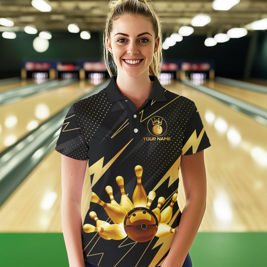 Custom Black and Gold Bowling Polo, Quarter Zip Shirts for Women, Team Bowling League Jersey NQS9682