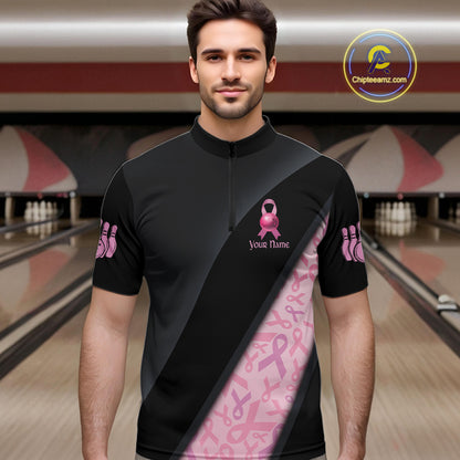 Black and Pink Ribbon Breast cancer Bowling Polo, 1/4 Zip Shirt for Men Custom Bowling Team Jersey NQS9961