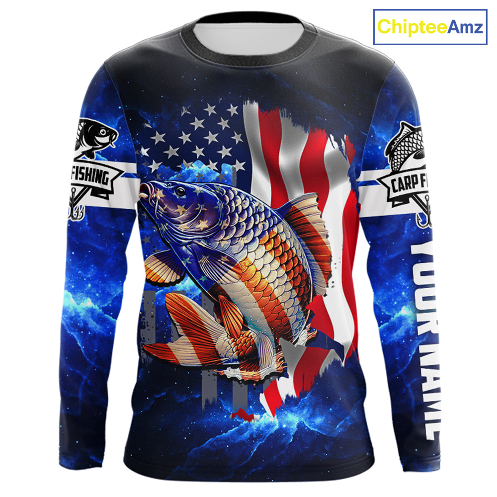 Carp Fishing blue galaxy 3D American Flag patriotic Customize name All over print fishing shirts NQS449