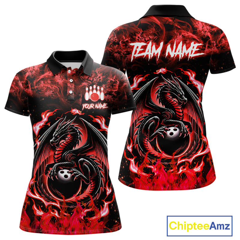 Black and Red Flame Dragon bowling shirts for Women Custom Bowling Team Jersey, gift for Bowler NQS10245