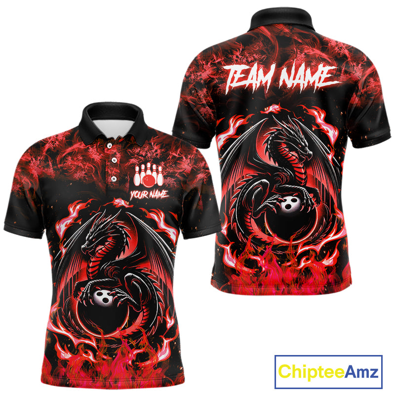 Black and Red Flame Dragon bowling shirts for Men Custom Bowling Team Jersey, gift for Bowler NQS10245