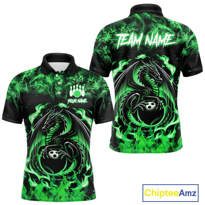 Black and Green Flame Dragon bowling shirts for Men Custom Bowling Team Jersey, gift for Bowler NQS10246