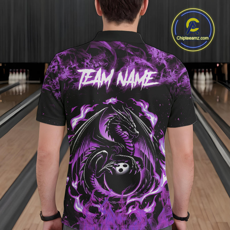 Black and Purple Flame Dragon bowling shirts for Men Custom Bowling Team Jersey, gift for Bowler NQS10247