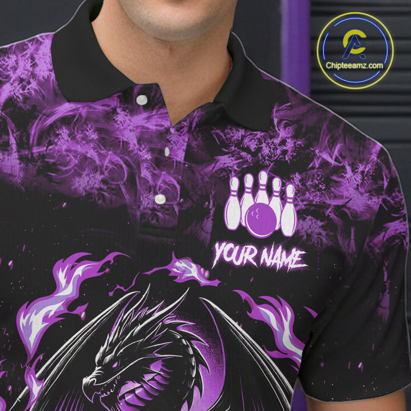Black and Purple Flame Dragon bowling shirts for Men Custom Bowling Team Jersey, gift for Bowler NQS10247