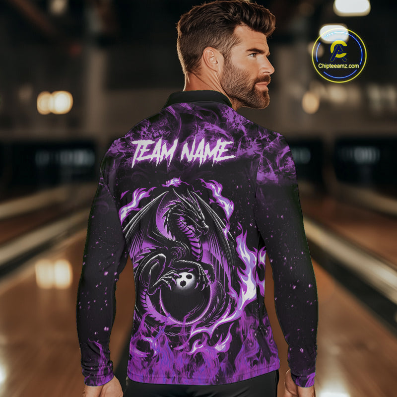 Black and Purple Flame Dragon bowling shirts for Men Custom Bowling Team Jersey, gift for Bowler NQS10247