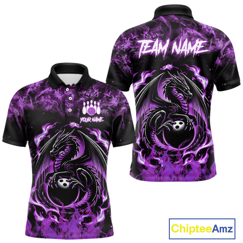 Black and Purple Flame Dragon bowling shirts for Men Custom Bowling Team Jersey, gift for Bowler NQS10247