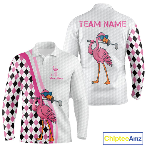 Funny Mens golf polo shirt custom pink and black argyle pattern flamingo white golf shirts NQS10252