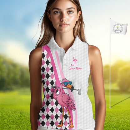 Funny Women Sleeveless Polo Shirt custom pink and black argyle pattern flamingo white golf shirts NQS10252