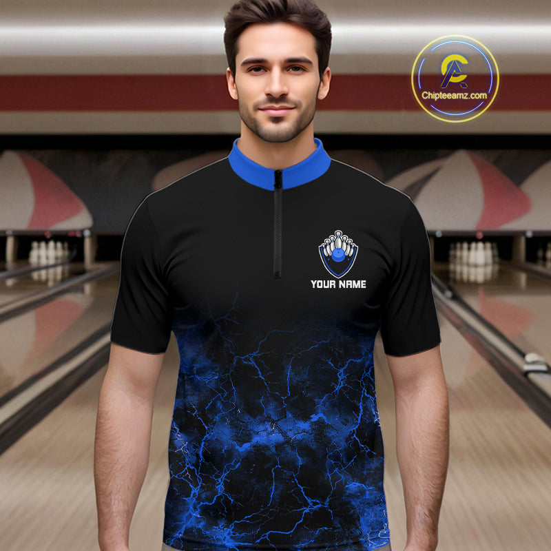 Personalized Men's bowling shirts Blue lightning Bowling Ball Pins bowling jerseys for Bowler NQS10633