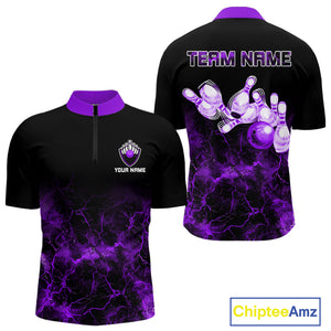 Personalized Men's bowling shirts Purple lightning Bowling Ball Pins bowling jerseys for Bowler NQS10634