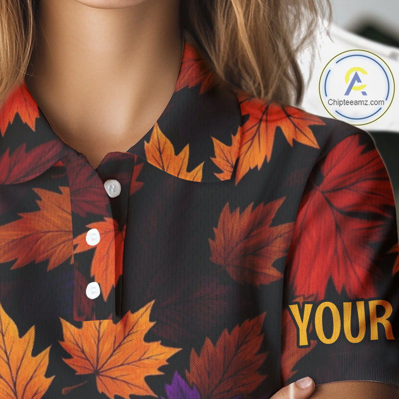 Golf Turkey Thanksgiving Women Golf Polo Shirt Orange Autumn Leaf Custom Golf top For Ladies NQS10637