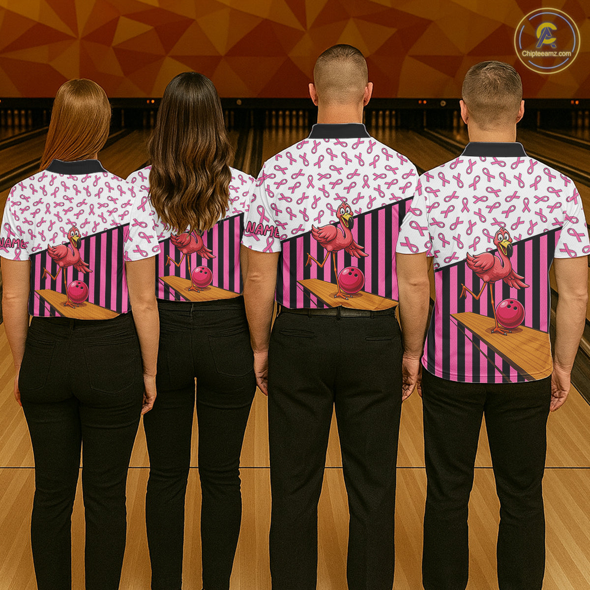 Pink ribbon pattern funny flamingo Bowling shirts for Women Custom breast cancer Team bowling outfit NQS11245