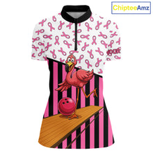 Load image into Gallery viewer, Pink ribbon pattern funny flamingo Bowling shirts for Women Custom breast cancer Team bowling outfit NQS11245