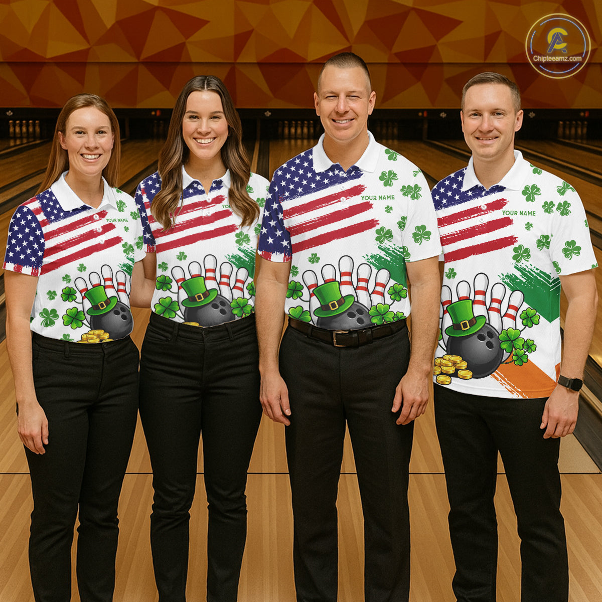 American Flag St Patricks Day Clover Bowling polo, 1/4 zip shirt for women Custom team bowling jersey NQS11452