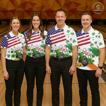 American Flag St Patricks Day Clover Bowling polo, 1/4 zip shirt for women Custom team bowling jersey NQS11452
