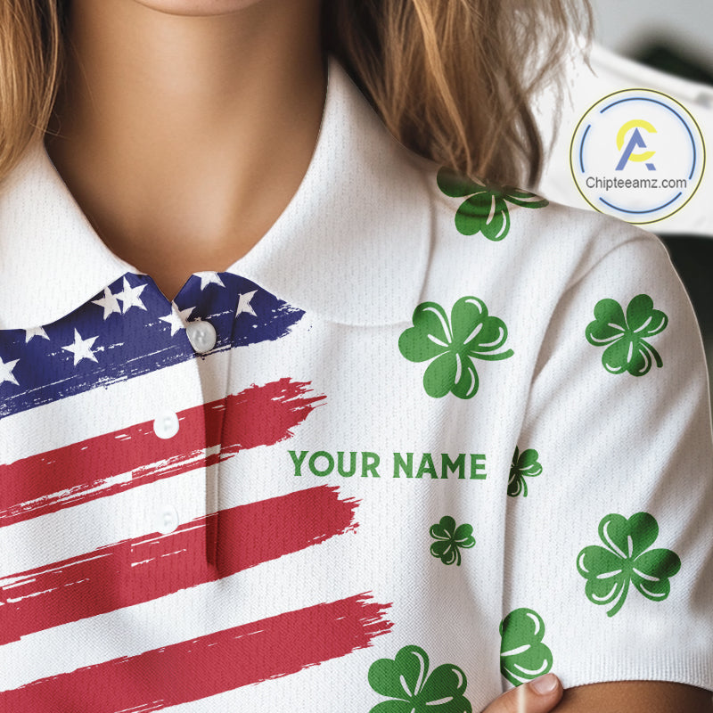 American Flag St Patrick's Day Clover Golf Polo shirts for Women Custom patriotic ladies golf tops NQS11453
