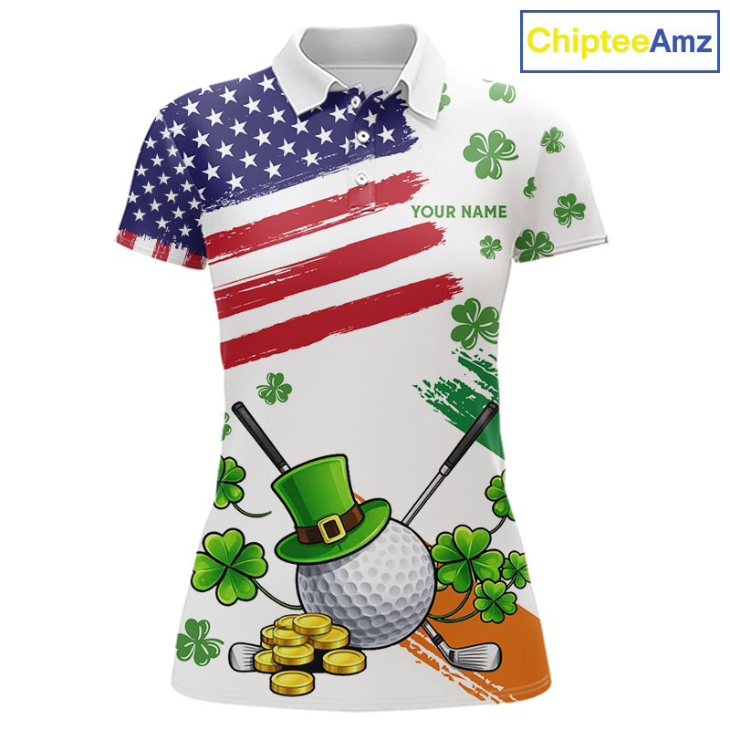 American Flag St Patrick's Day Clover Golf Polo shirts for Women Custom patriotic ladies golf tops NQS11453