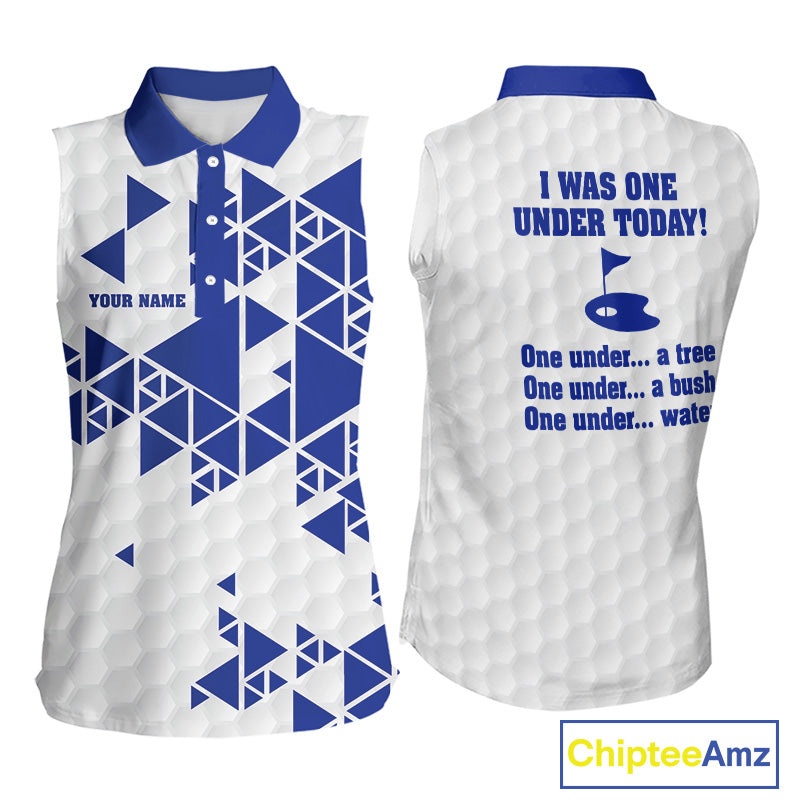 Women sleeveless polo shirt Blue and white custom I was one under today, under a tree, bush, water NQS11636