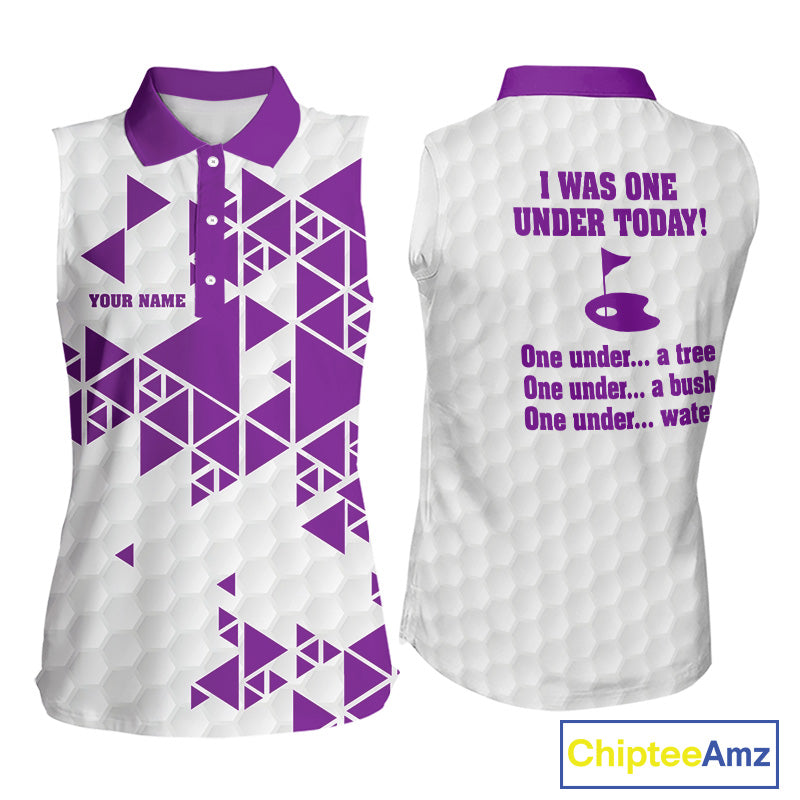 Women sleeveless polo shirt Purple and white custom I was one under today, under a tree, bush, water NQS11638