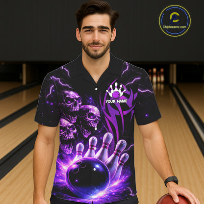 Custom Black and Purple Lightning Thunder Skull Dragon Bowling Button-up Shirts, Team Bowling Jerseys NQS11641