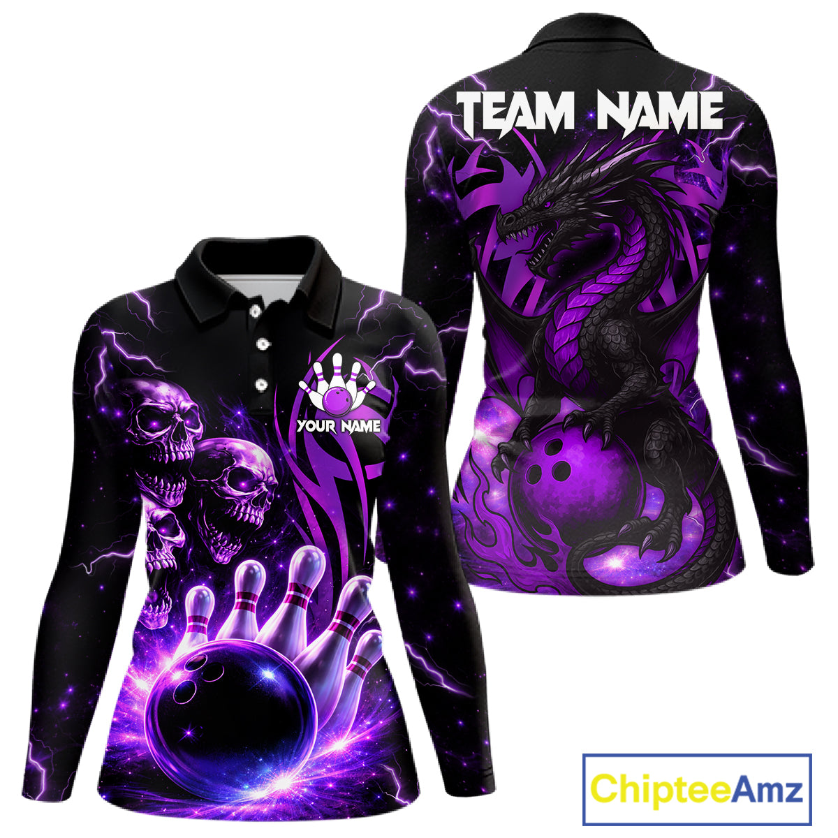 Custom Black and Purple Lightning Thunder Skull Dragon Bowling Shirts For Women, Team Bowling Jerseys NQS11641