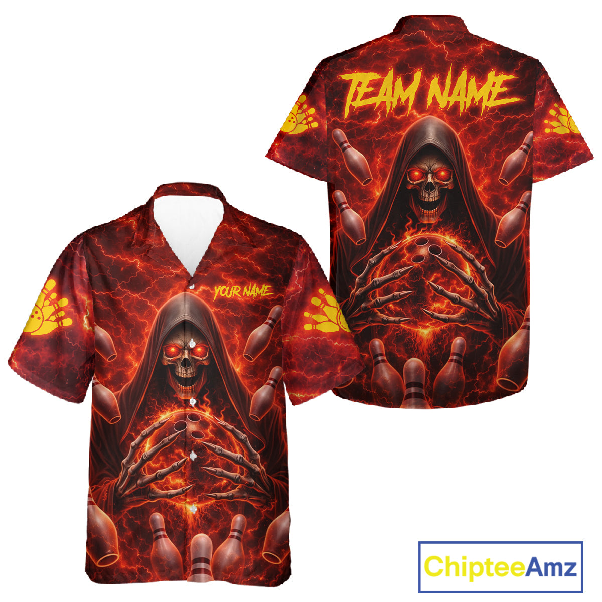 Red Lightning Thunder Skull Reaper Bowling Hawaiian Shirt Custom Team Bowling Button-up Shirt NQS11642