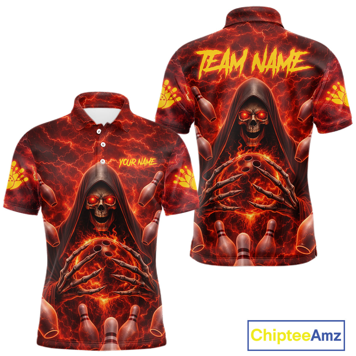 Red Lightning Thunder Skull Reaper Bowling Shirts For Men Custom Team Bowling League Jerseys NQS11642