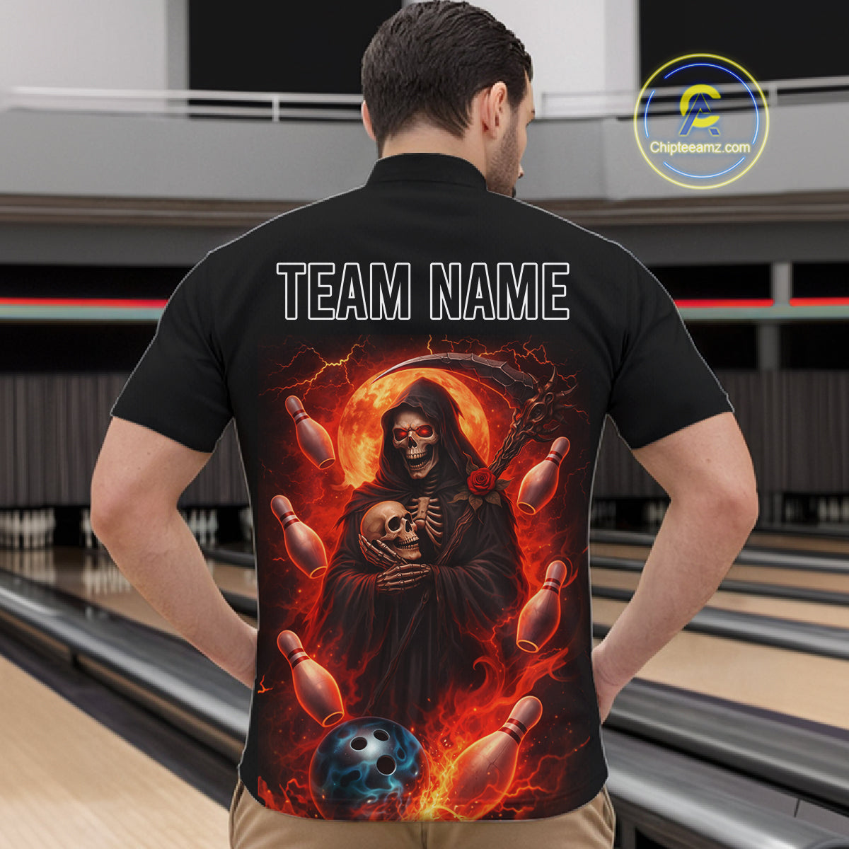 Black & Orange Lightning Thunder Moon Reaper Bowling Shirts For Men Custom Skull Team Bowling Jerseys NQS11643