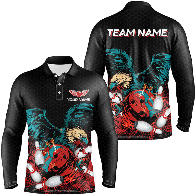 Eagle Bowling Polo, Quarter Zip Shirts For Men Custom team bowling jerseys, gift for bowlers | Black NQS8250