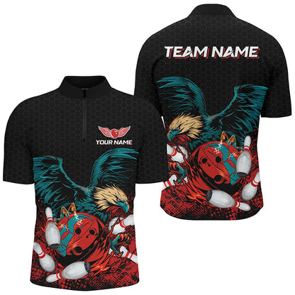 Eagle Bowling Polo, Quarter Zip Shirts For Men Custom team bowling jerseys, gift for bowlers | Black NQS8250